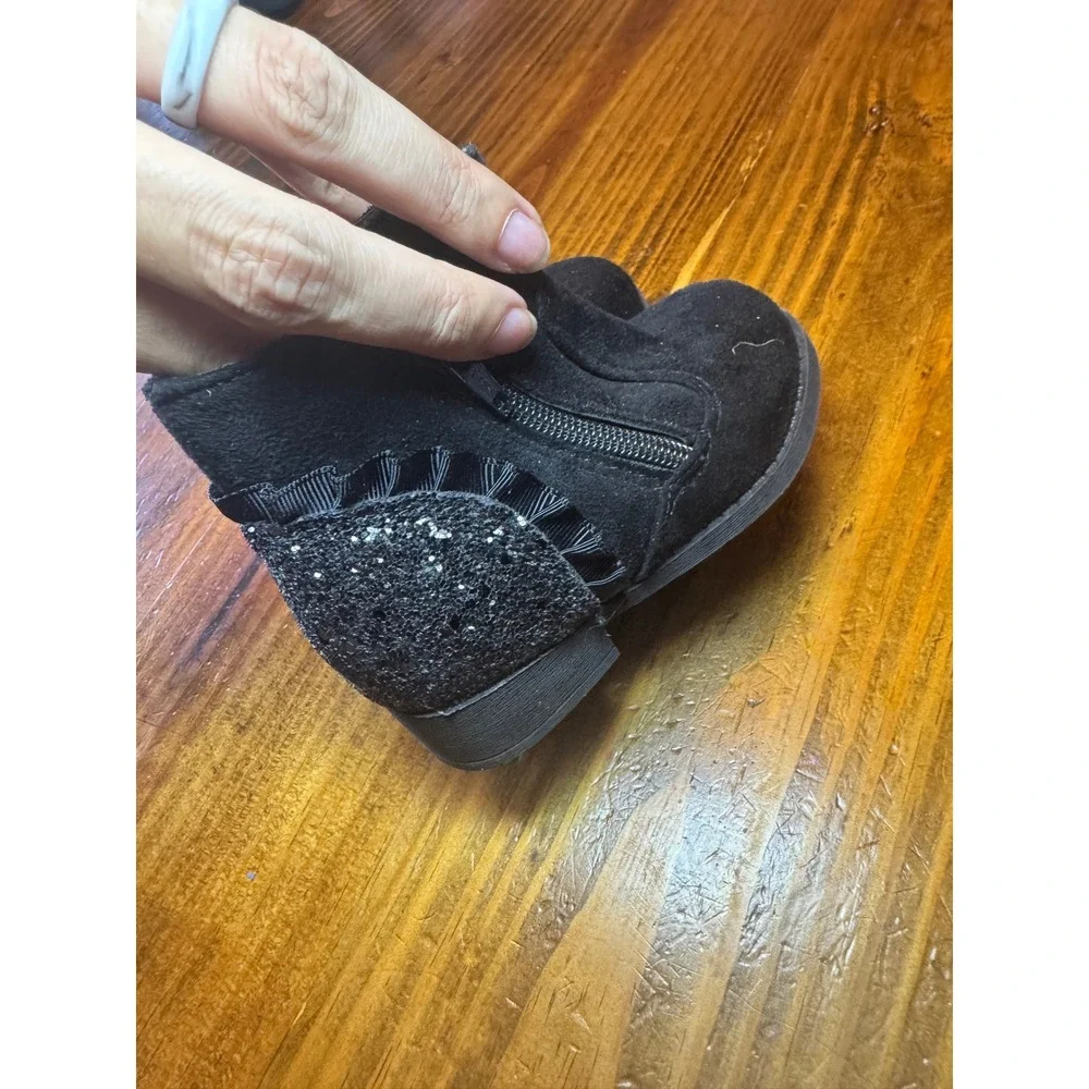 Jumping Beans Girls Black Glitter Ruffle Ankle Boots Size 7 Side Zip Sparkle